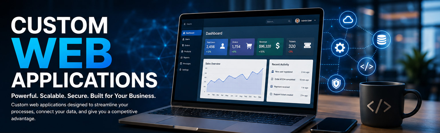 Custom web application development with database dashboards, API integrations, secure business software and responsive interfaces