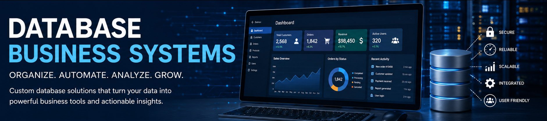 Database business systems for data management, reporting, workflow automation and custom business applications