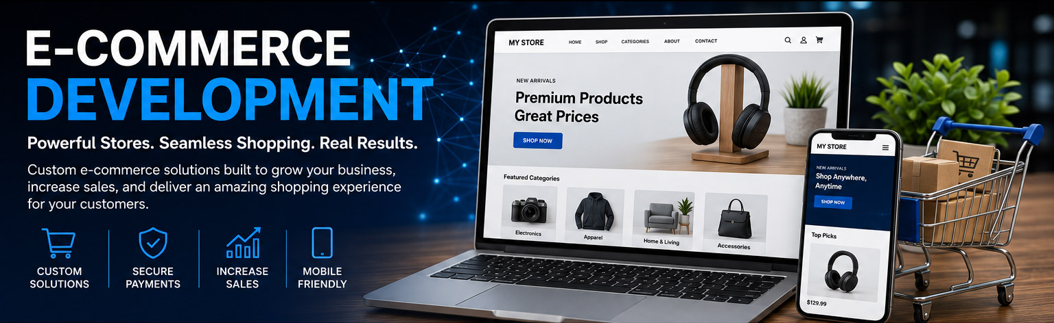 E-commerce development services for custom online stores, secure payments, product management and responsive shopping websites