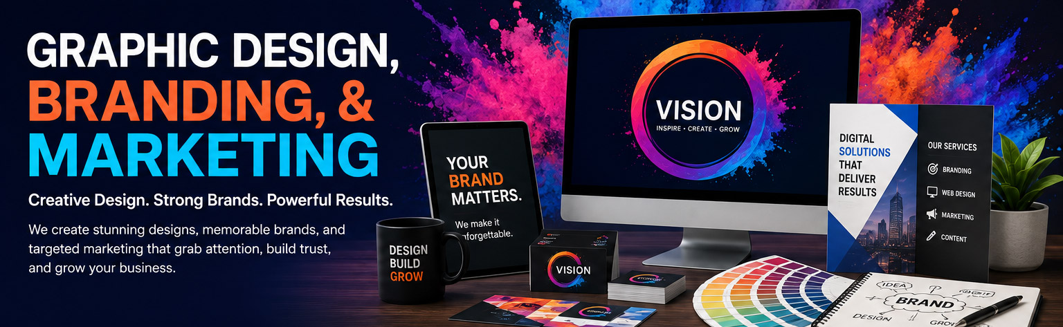Graphic design, branding and marketing services including logo design, brand identity, digital marketing, print design and web graphics